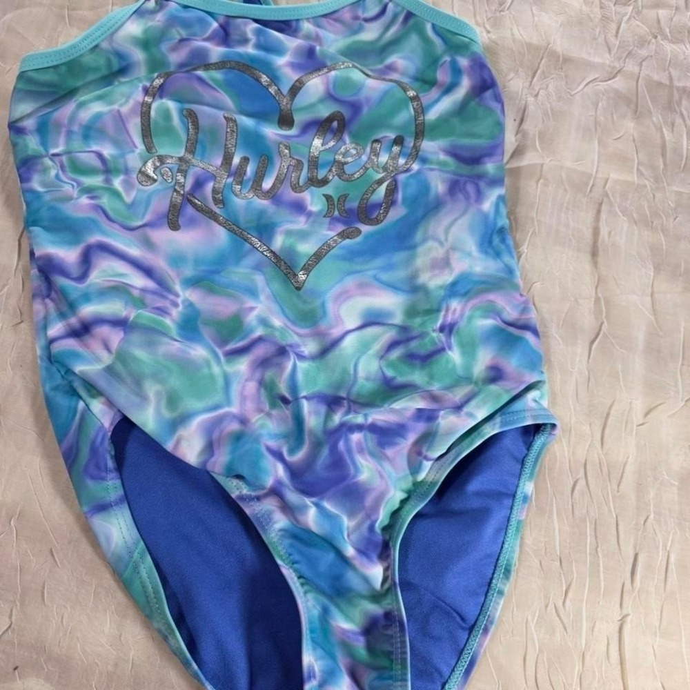 Hurley Girls One Piece Swimsuit Blue Purple‎ Marble Heart Logo Size 7/8